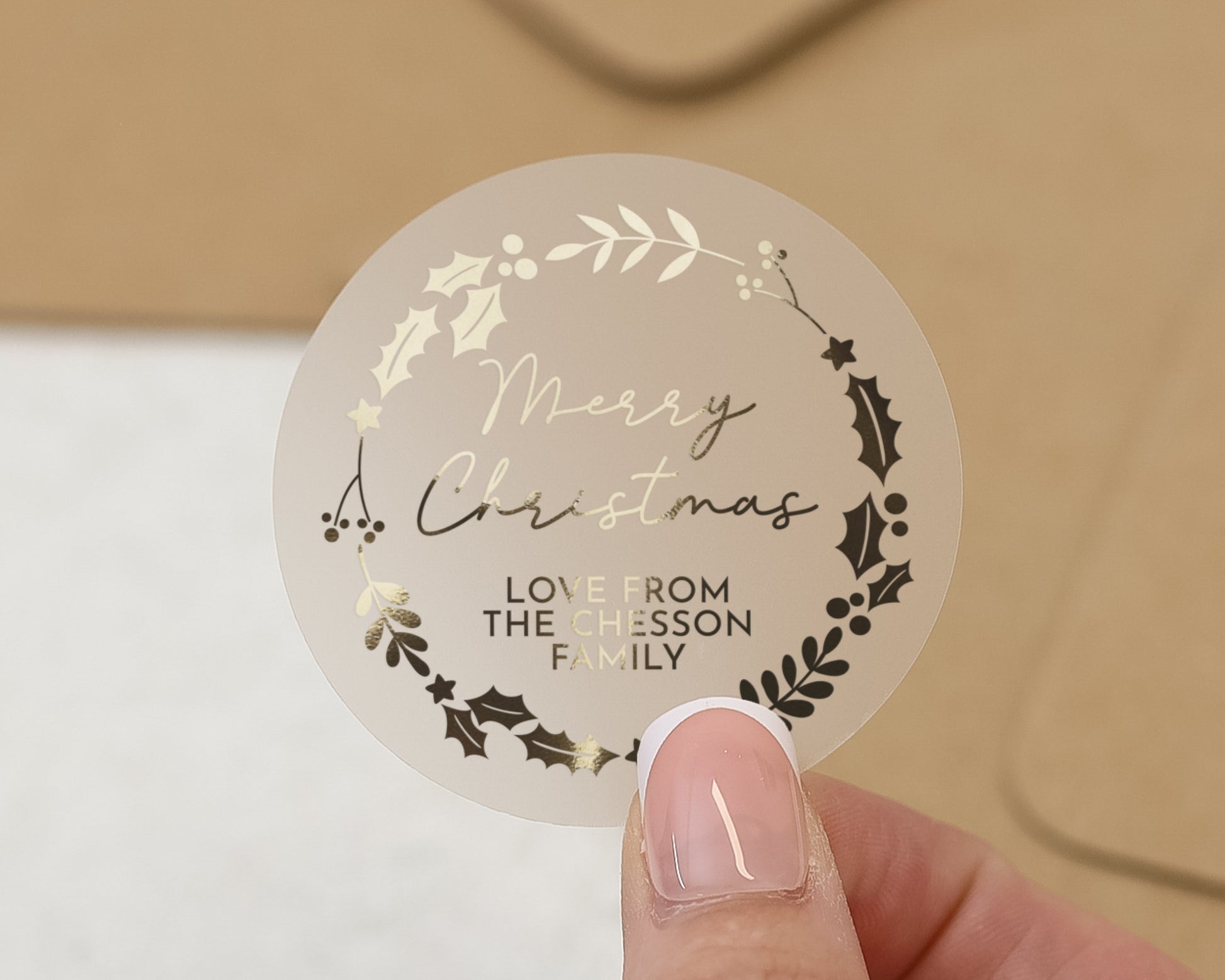 Merry Christmas Sticker, Personalised Christmas Sticker, Family Christmas Label, Gold Foil Christmas Sticker, Custom Christmas Envelope Seal