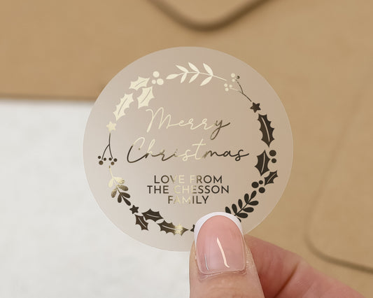 Merry Christmas Sticker, Personalised Christmas Sticker, Family Christmas Label, Gold Foil Christmas Sticker, Custom Christmas Envelope Seal