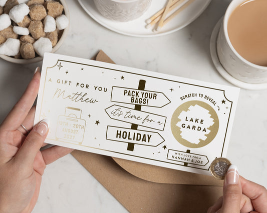 Scratch to Reveal Holiday Gift Voucher, Personalised Travel Reveal Ticket, Pack Your Bags Surprise Trip Birthday Gift for Her Him