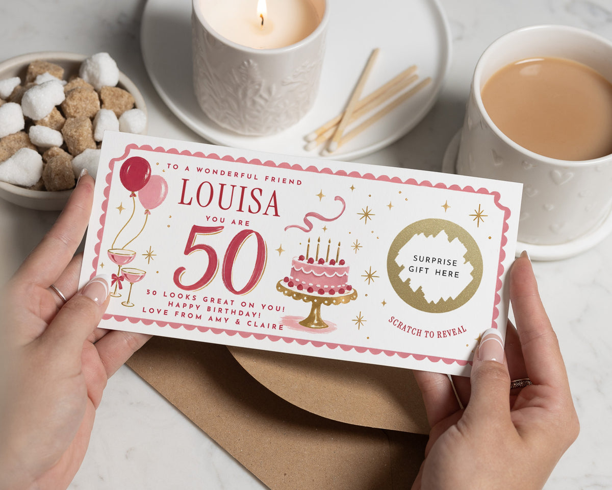 50th Birthday Scratch to Reveal Gift Voucher, Personalised Birthday Card for Friend, Surprise Gift Experience Voucher for Her
