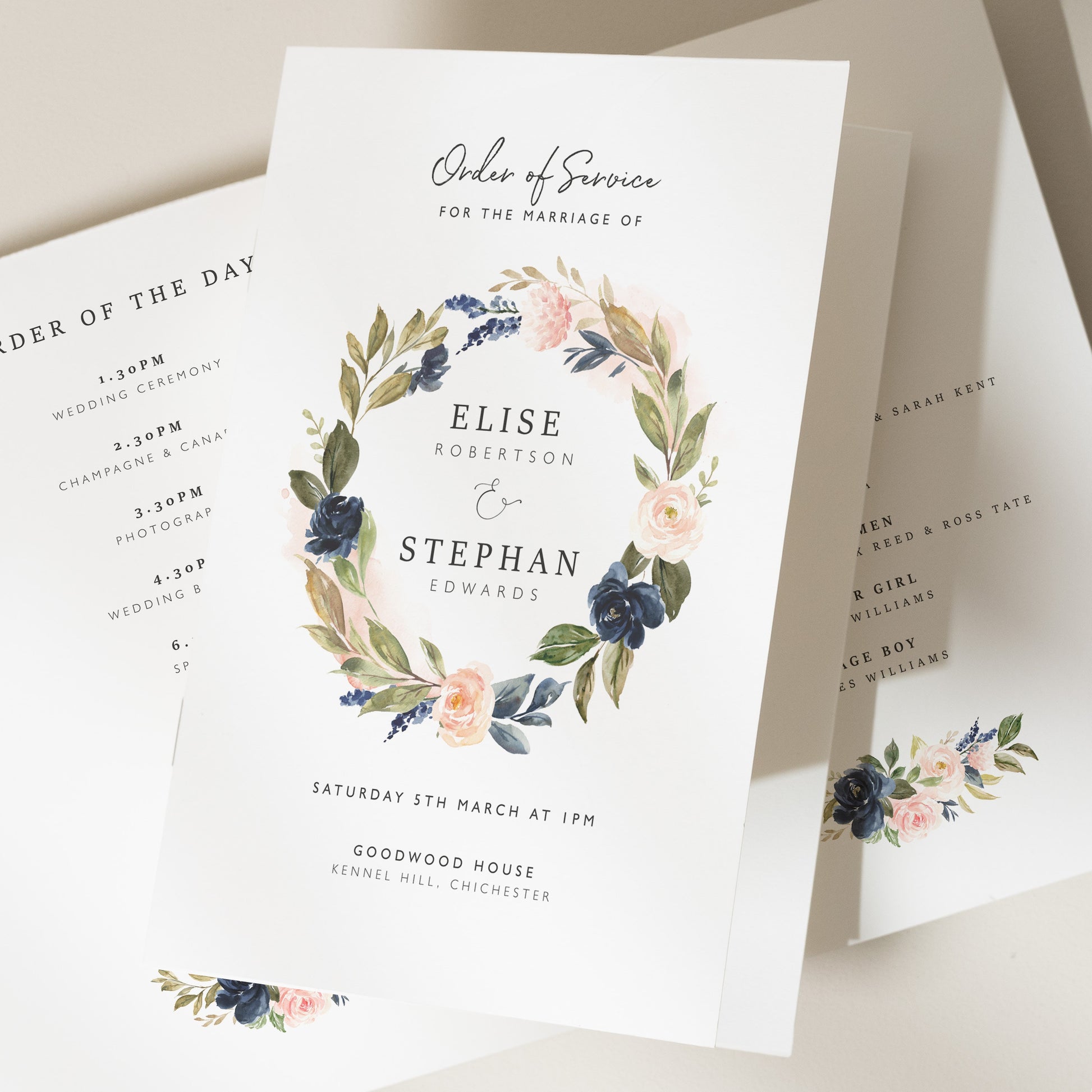 Navy And Blush Order Of Service Wedding Booklet, Floral Wreath Civil Ceremony Program &#39;Elise&#39;