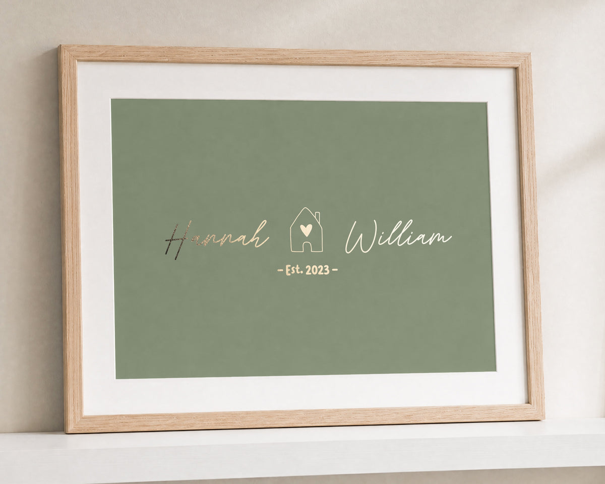 Personalised Gold Foil New Home Print, Sage Green Wall Art, House Warming Gift, Couple Name Print, Landscape Print with Mount