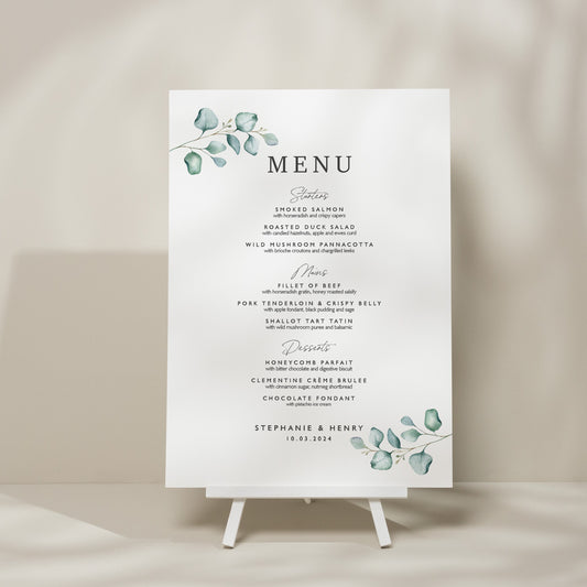 Eucalyptus Wedding Food Menu Sign, Wedding Menu Sign, Greenery Wedding Sign, Guest Food Menu, Personalised Modern Wedding Sign &#39;Stephanie&#39;