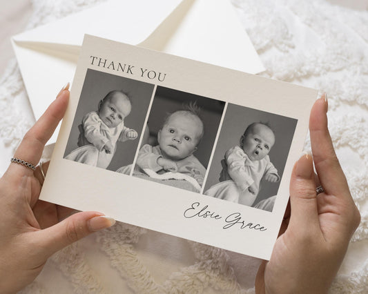 Folded Baby Thank You Cards, Personalised New Baby Photo Thankyou Cards, Monochrome Photo Folded Thank You Cards, Baby Announcement Cards