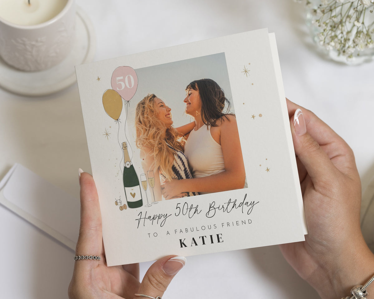 50th Birthday Card for Friend, Personalised Photo Birthday Card, Birthday Card for Her, 50th Card for Women, Champagne Card