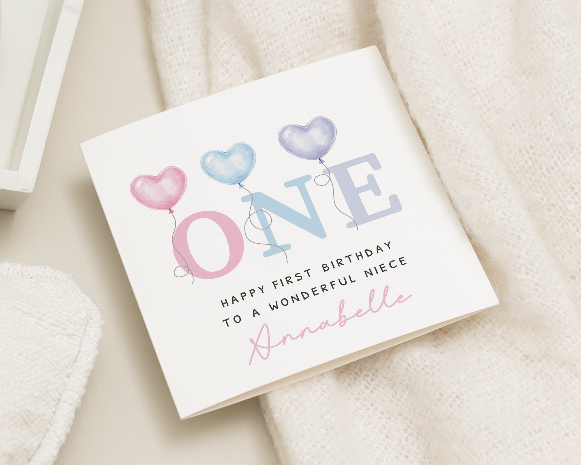 1st Birthday Card for Niece, Personalised Birthday Card for Girl, One Year Old Birthday Card, Cute Heart Balloon Birthday Card