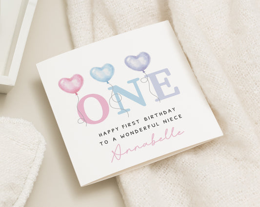 1st Birthday Card for Niece, Personalised Birthday Card for Girl, One Year Old Birthday Card, Cute Heart Balloon Birthday Card