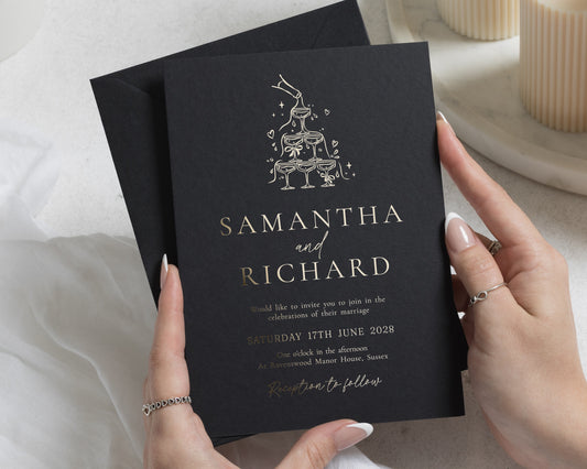 Gold Foil Wedding Invitations, Black Champagne Tower Wedding Invite, Elegant Party Wedding Invitation, Personalised Wedding Invites