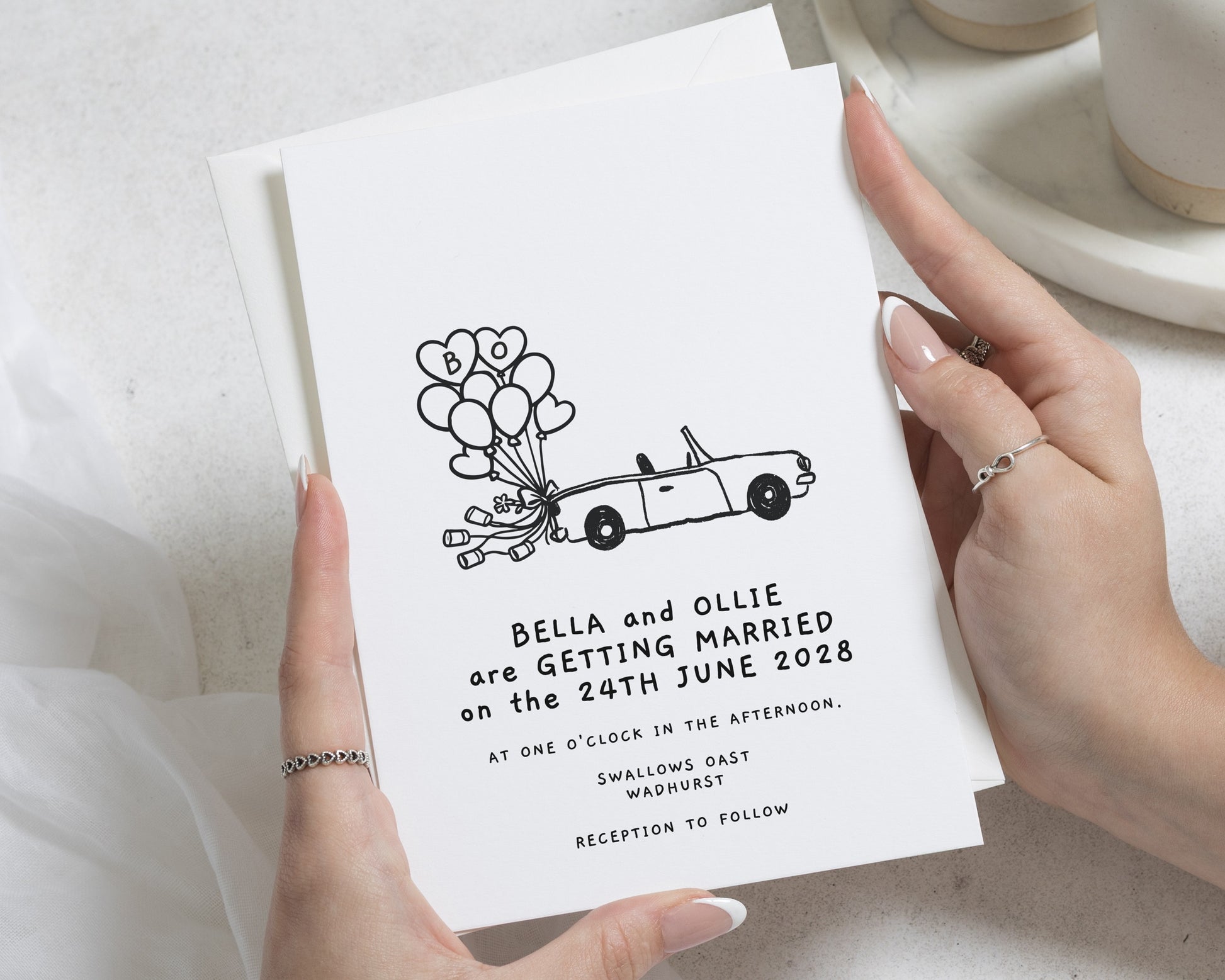 Black and White Wedding Invitations, Illustrated Car Wedding Invite, Simple Personalised Wedding Invitation, Modern Invitation Suite
