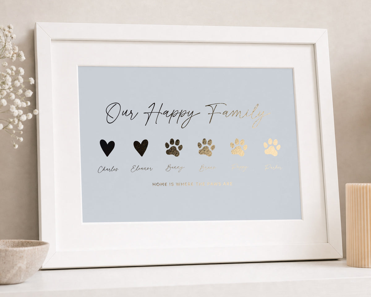 Personalised Gold Foil Family Print, Light Blue Paw Print Wall Art, Pet Family Gift, Gift for Pet Lovers, White Framed Print