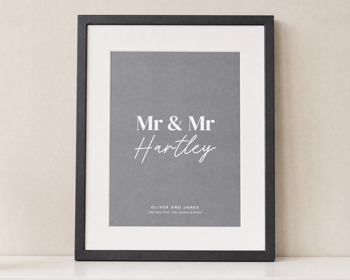 Personalised Mr and Mr Wedding Print, Grey Wall Art, Same Sex Couple Gift, Anniversary Gift, Framed Portrait Print