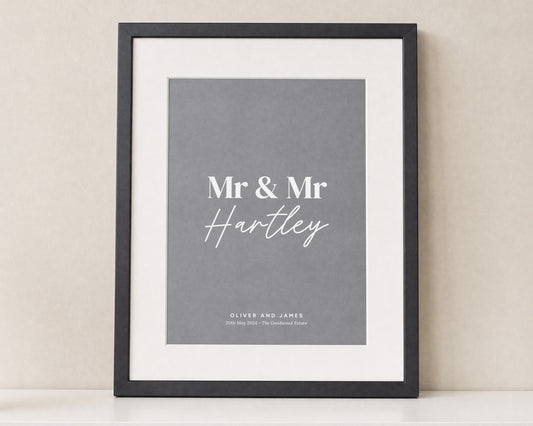Personalised Mr and Mr Wedding Print, Grey Wall Art, Same Sex Couple Gift, Anniversary Gift, Framed Portrait Print