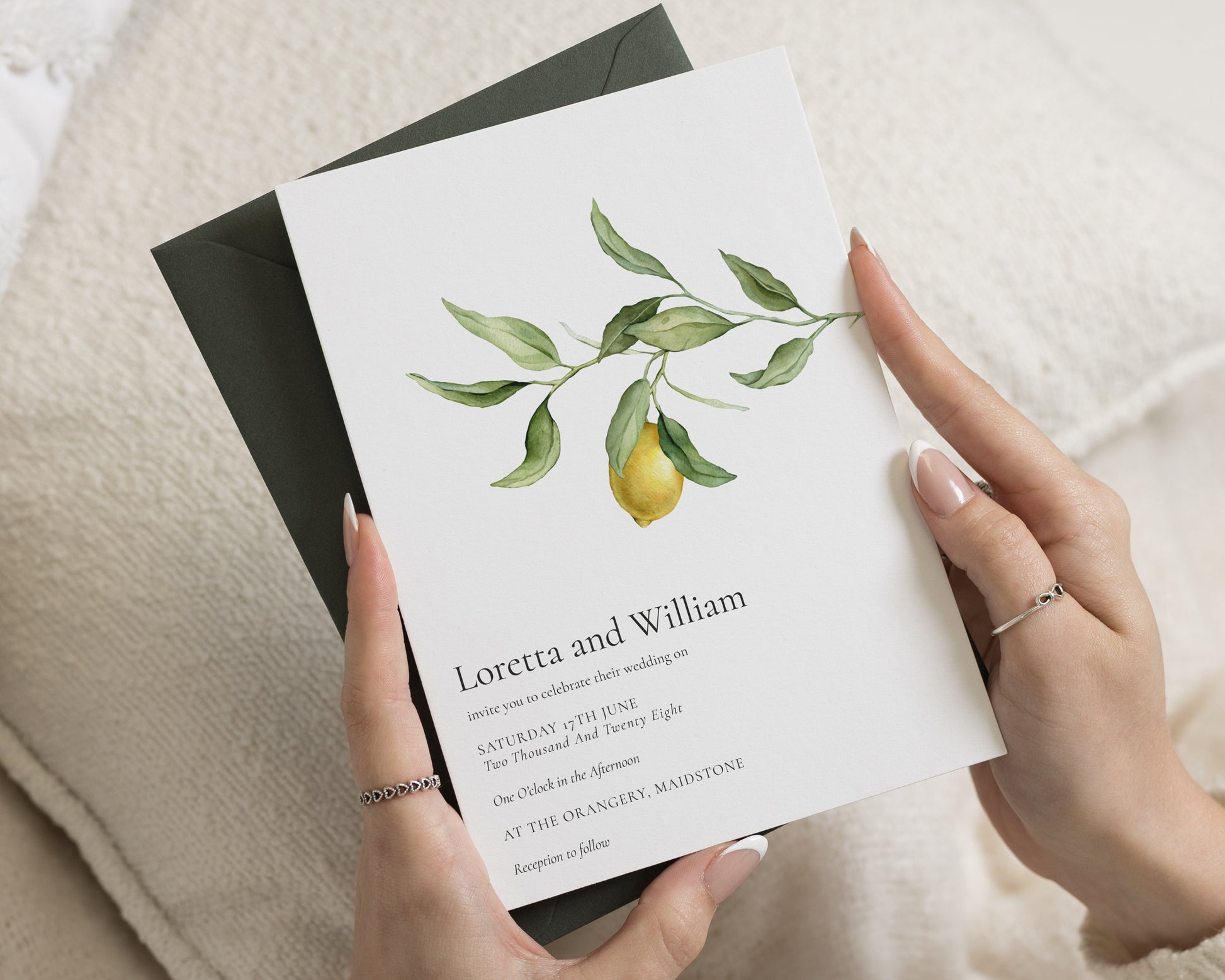 Lemon Wedding Invitations, Italian Destination Wedding Invites, Botanical Greenery Wedding Stationery, Personalised Invitation Suite