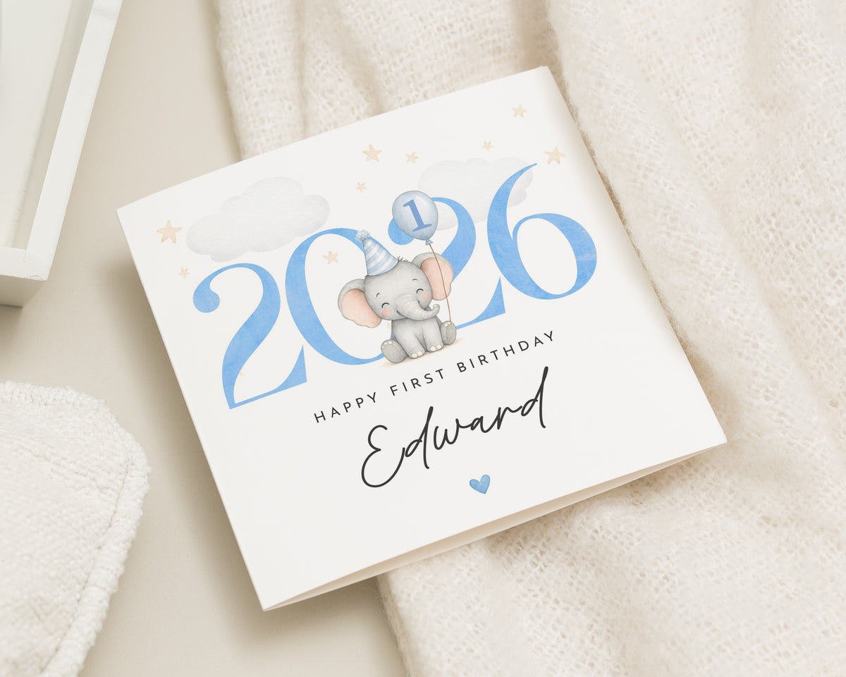 Personalised First Birthday Card, 1st Birthday Card for Boy, Baby Boy Birthday Card, Elephant Birthday Card, Birthday Card for Son