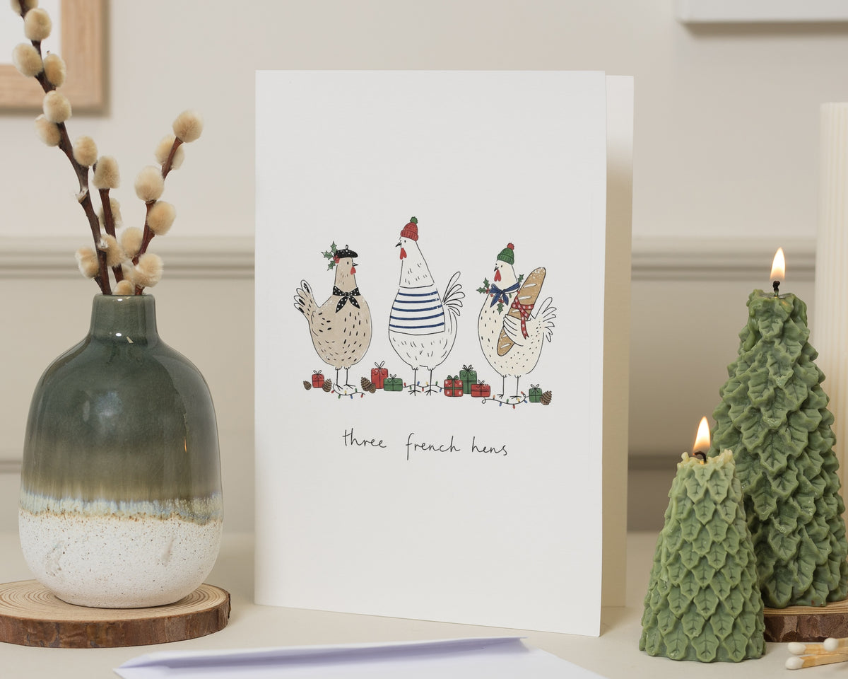 Christmas Card, Christmas Card for Friend, Three French Hens Card, Chicken Christmas Card, Funny Xmas Card, Cute Christmas Cards