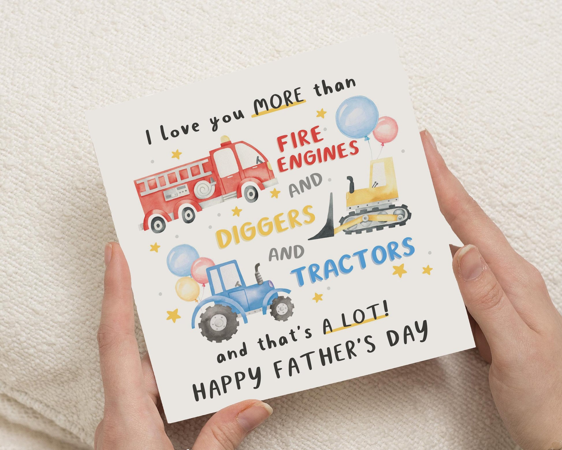 Fathers Day Card from Son, Fire Engine Digger Tractor Card, Fathers Day Card for Dad, Cute Fathers Day Card, Kids Fathers Day Card