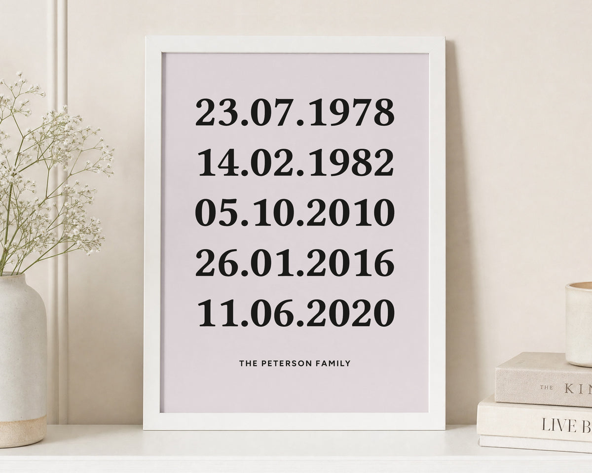 Personalised Family Dates Print, Blush Pink Wall Art, Family Name Print, Gift for Parents, New Home Gift, Living Room Wall Art