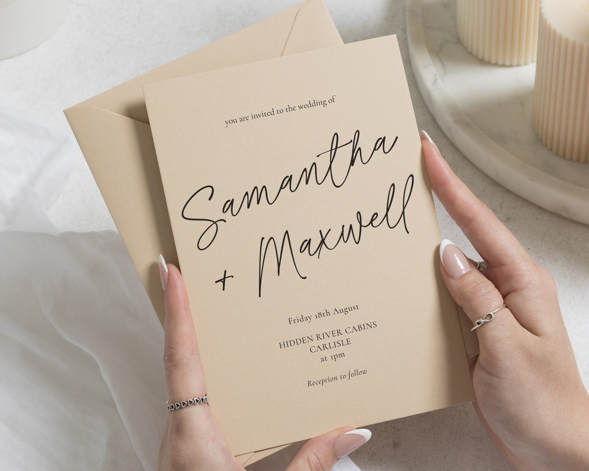 Warm Beige Wedding Invitations, Minimalist Calligraphy Wedding Invites, Elegant Typography, Personalised Invitation Suite