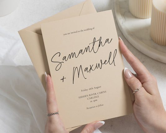 Warm Beige Wedding Invitations, Minimalist Calligraphy Wedding Invites, Elegant Typography, Personalised Invitation Suite