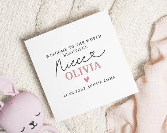 New Baby Card for Niece, Personalised Baby Girl Card, Welcome to the World Card, Card from Auntie, Custom New Baby Card for Her