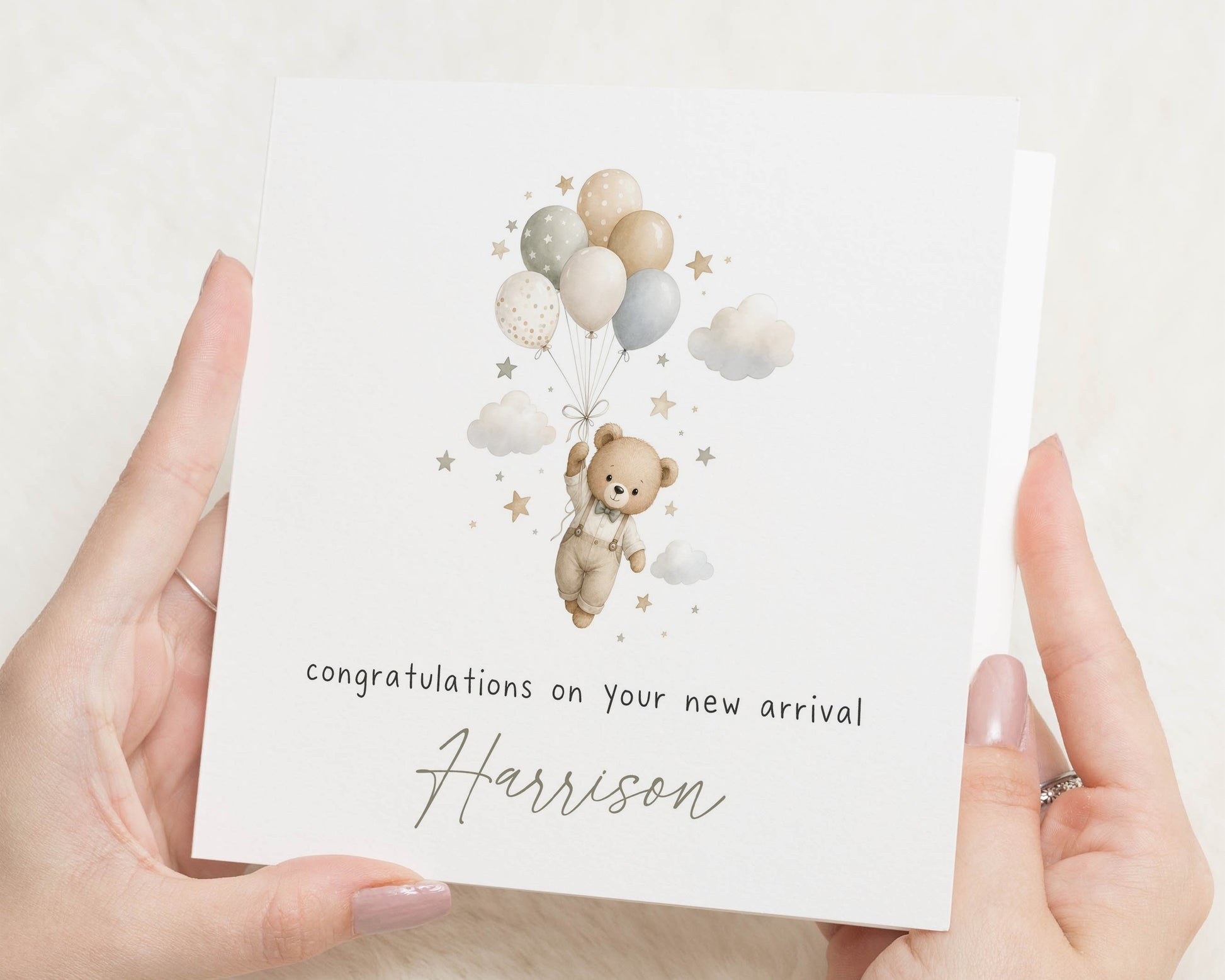 Personalised New Baby Card, New Baby Congratulations Card, New Arrival Card, Baby Boy Card, Baby Girl Card, Cute Bear Card