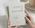 Gold Foil Wedding Invitations, Personalised Minimalist Wedding Invite, Elegant Grey Green Typography Invitation with Matching Envelope