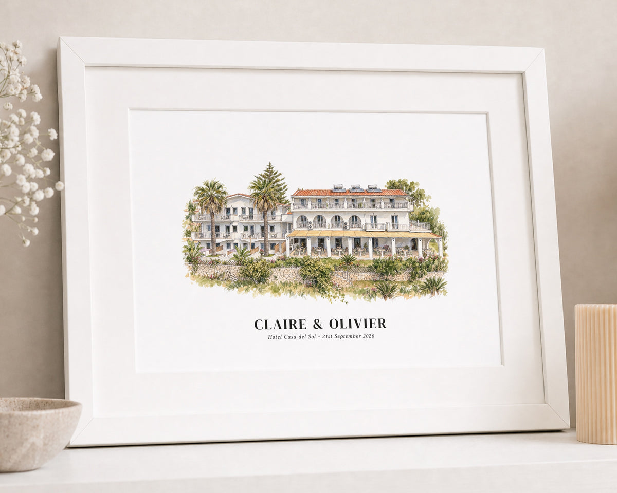 Personalised Wedding Venue Illustration Print, Custom Couple Wall Art, Wedding Gift, Anniversary Gift, Landscape Framed Print