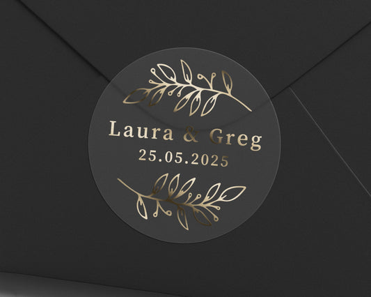 Wedding Envelope Seal, Personalised Wedding Sticker, Gold Foil Wedding Label, Custom Name Date Sticker, Elegant Wedding Envelope Seal