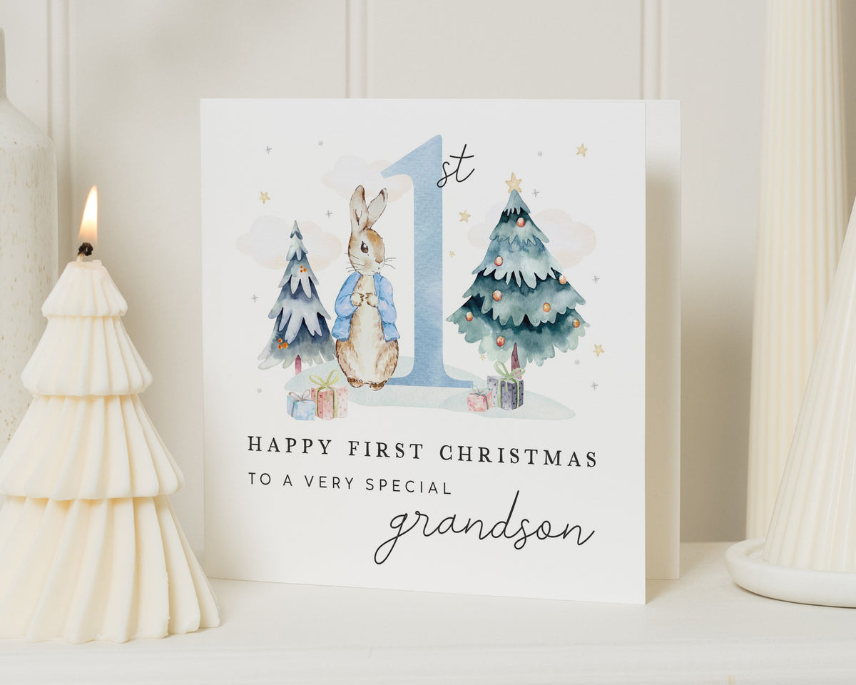 First Christmas Card for Grandson, 1st Christmas Card, Grandson Christmas Card, Baby Boy Christmas Card, Cute Bunny Xmas Card