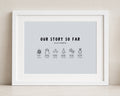 Personalised Couple Timeline Print, Light Blue Wall Art, Our Story So Far, Anniversary Gift, Wedding Gift for Couple, White Framed Print