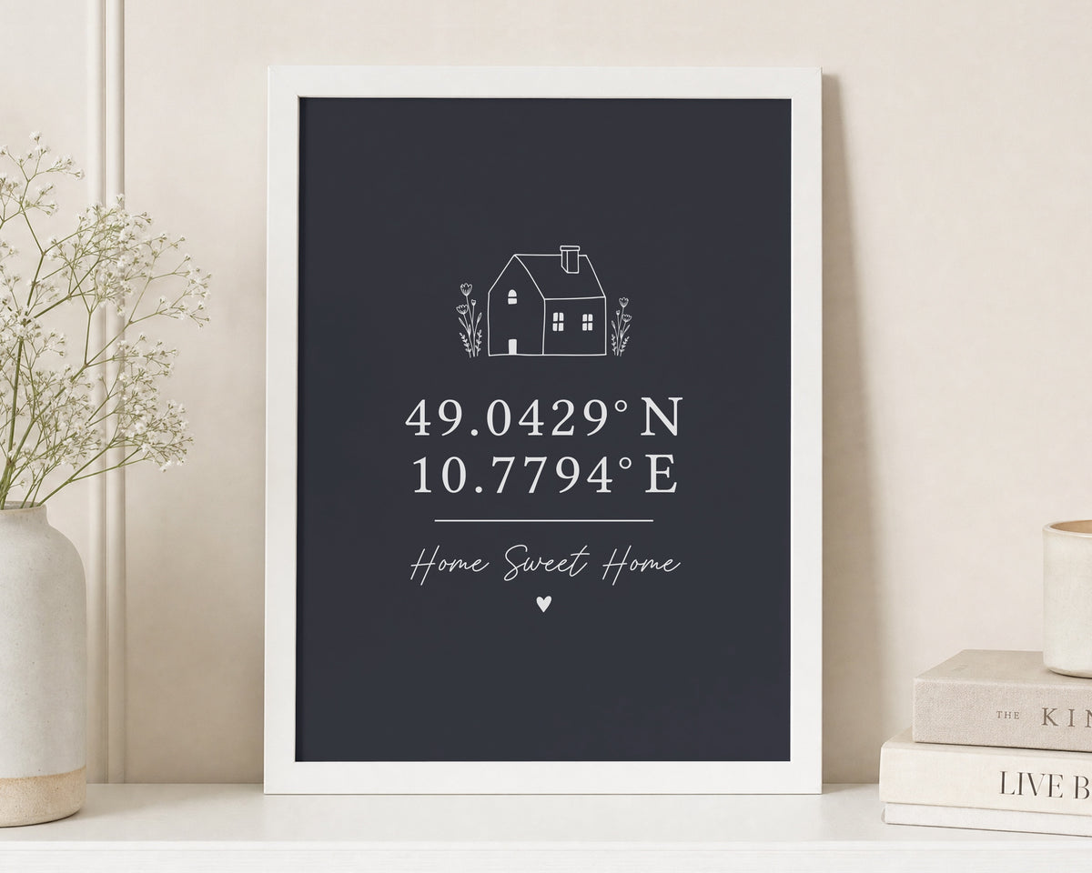 Personalised Coordinates Print, Black Wall Art, New Home Gift, House Warming Gift, Home Sweet Home Print, White Framed Print