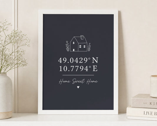 Personalised Coordinates Print, Black Wall Art, New Home Gift, House Warming Gift, Home Sweet Home Print, White Framed Print