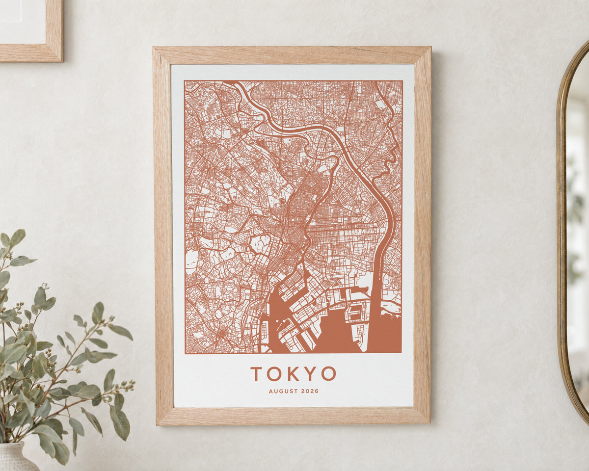 Personalised Map Print, Custom Location Map Wall Art, Terracotta City Print, New Home Gift, Travel Gift, Oak Framed Print