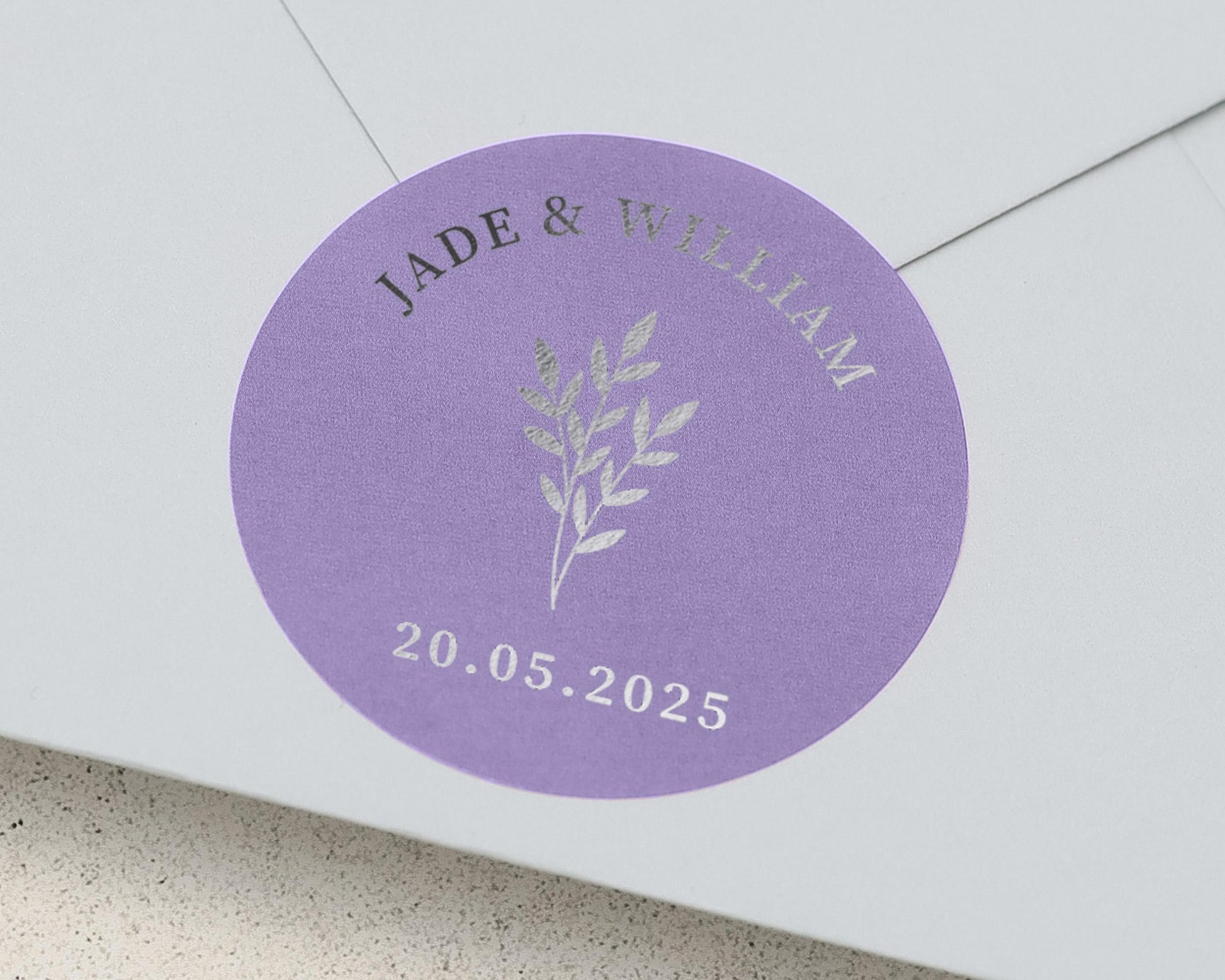 Personalised Wedding Envelope Sticker, Custom Purple Foil Sticker, Wedding Date Sticker, Name Sticker, Silver Foil Wedding Label