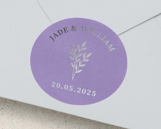 Personalised Wedding Envelope Sticker, Custom Purple Foil Sticker, Wedding Date Sticker, Name Sticker, Silver Foil Wedding Label