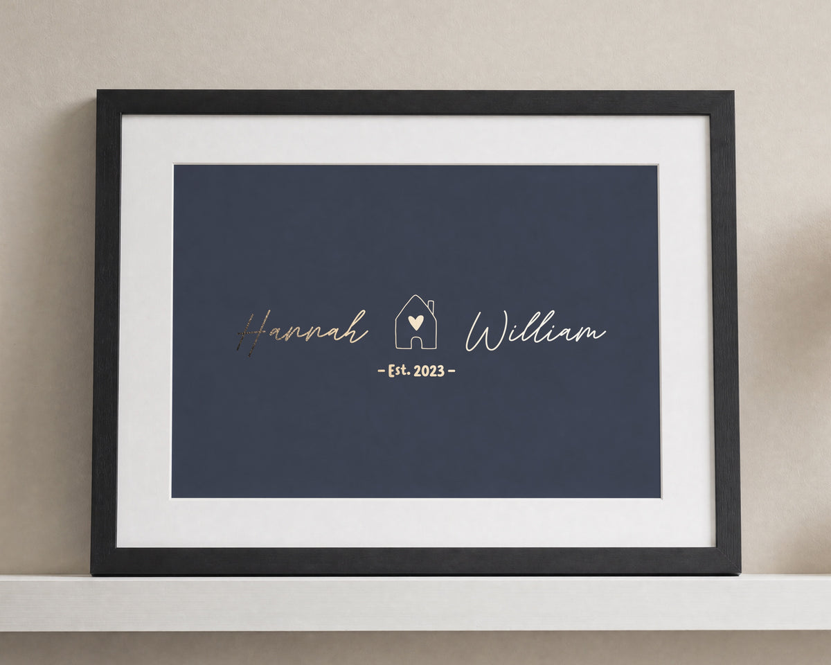 Personalised Gold Foil Couple Print, Navy Blue Wall Art, New Home Gift, Anniversary Gift, House Warming Gift, Black Framed Print