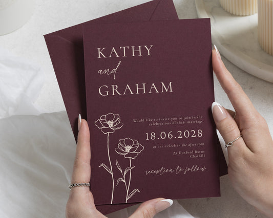 Burgundy Floral Wedding Invitations, Botanical Wedding Invites, Elegant Calligraphy, Personalised Wedding Invitation Suite