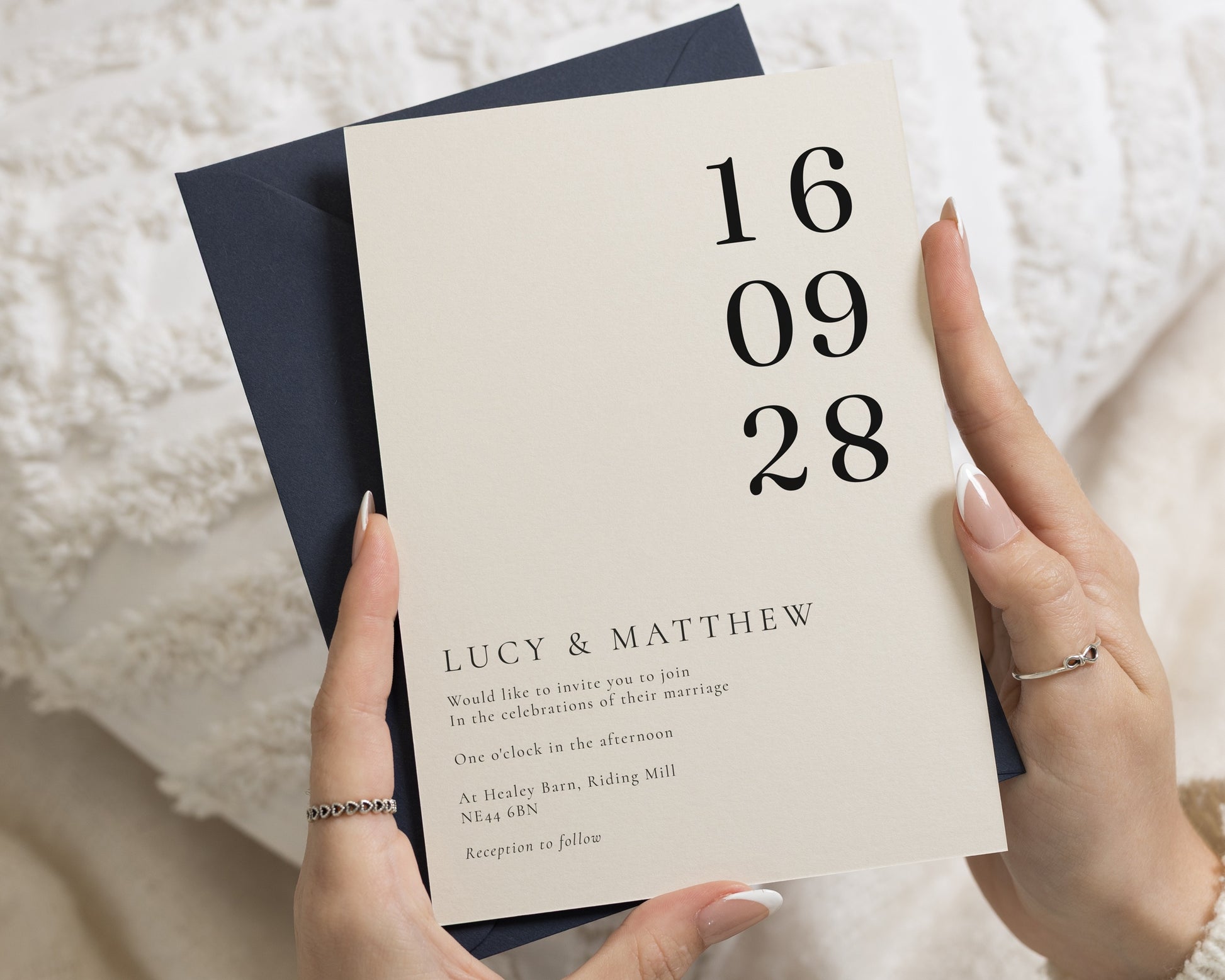 Ivory Wedding Invitations with Navy Envelopes, Minimalist Typography Wedding Invites, Modern Formal Wedding Stationery