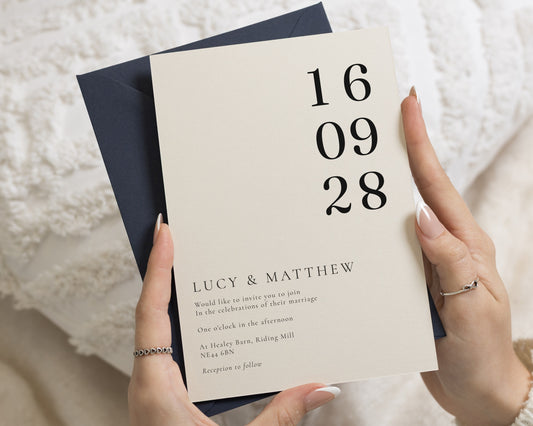 Ivory Wedding Invitations with Navy Envelopes, Minimalist Typography Wedding Invites, Modern Formal Wedding Stationery