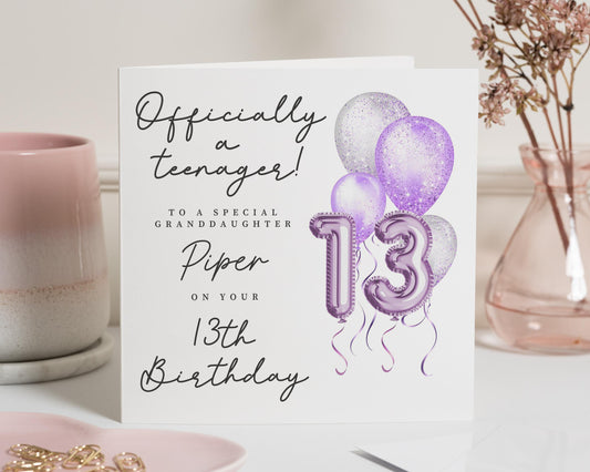 13th Birthday Card for Granddaughter, Personalised Teenager Birthday Card, 13th Birthday Card for Girl, Purple Balloon Birthday Card