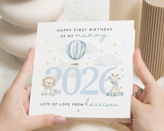 First Birthday Card For Mummy, Personalised Birthday Card From Baby, Cute Animal Card, 1st Birthday Card For Mum, Blue Balloon Card