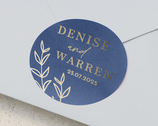 Wedding Envelope Sticker, Personalised Wedding Sticker, Gold Foil Wedding Seal, Custom Name Date Sticker, Blue Wedding Envelope Seal