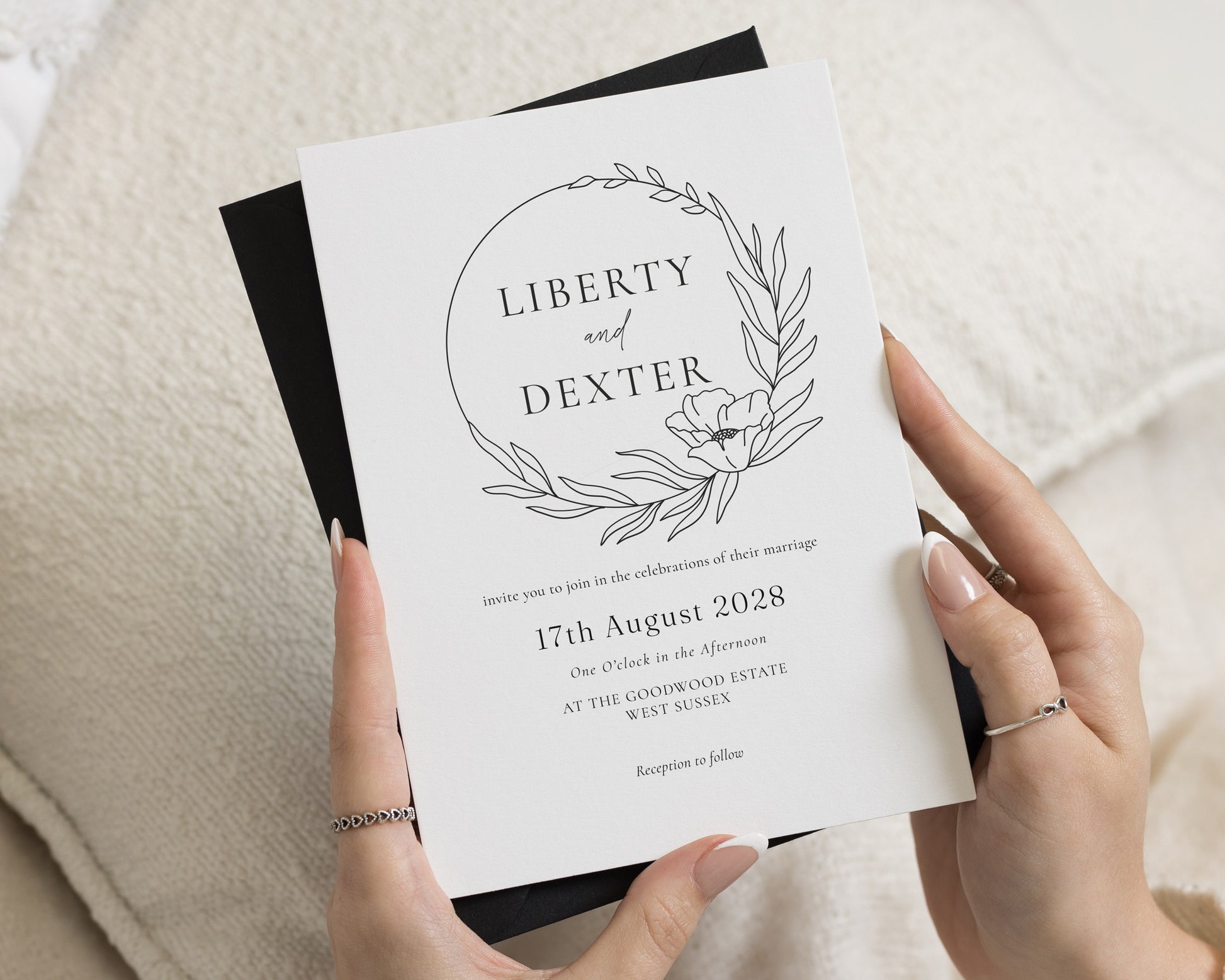 Black and White Floral Wedding Invitations, Minimalist Botanical Wedding Invite, Elegant Personalised Invitation Suite