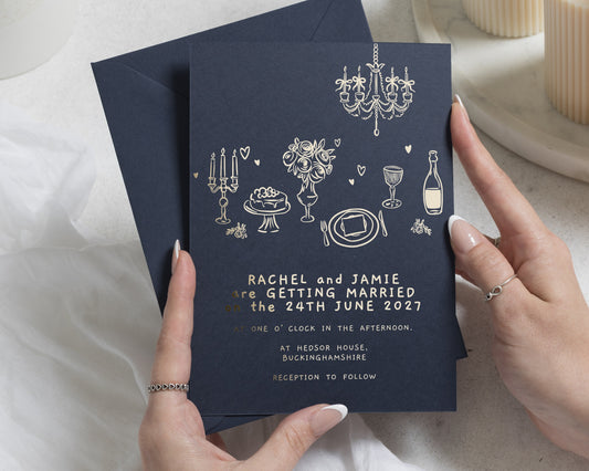 Gold Foil Wedding Invitations, Navy Illustrated Wedding Invite, Romantic Hand Drawn Wedding Invitation, Personalised Wedding Stationery