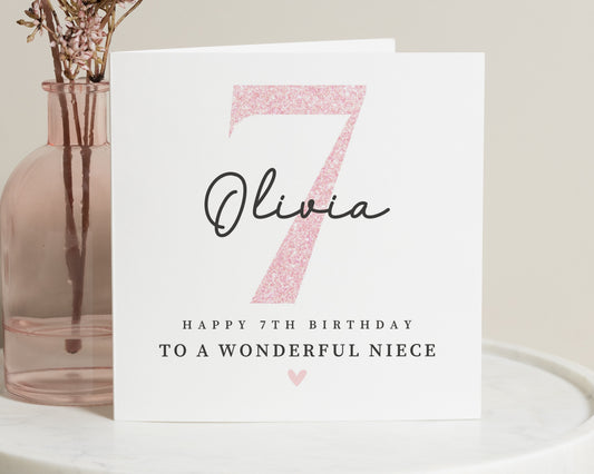 7th Birthday Card for Niece, Personalised Card for Daughter, Girl Birthday Card, Custom Age Card, Pink Glitter Birthday Card
