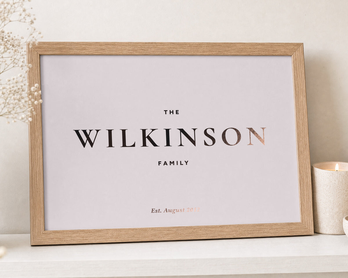 Personalised Family Name Print, Rose Gold Foil Print, Blush Pink Wall Art, Family Gift, New Home Gift, Oak Framed Print