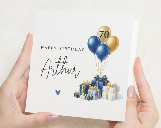 70th Birthday Card, Personalised Birthday Card for Him, Birthday Card for Dad, Grandad, Husband, Son, Blue Gold Balloon Card