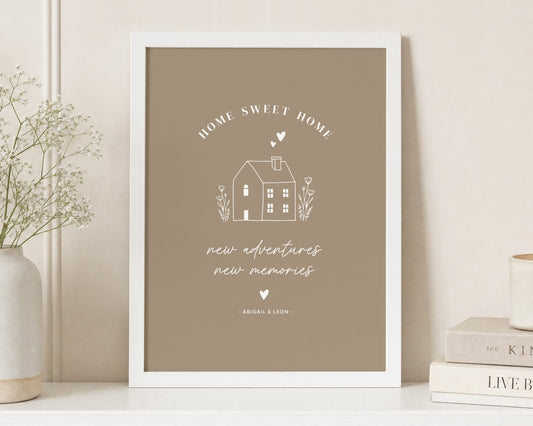 Personalised New Home Print, Beige Wall Art, House Warming Gift, First Home Gift, Home Sweet Home Print, White Framed Print