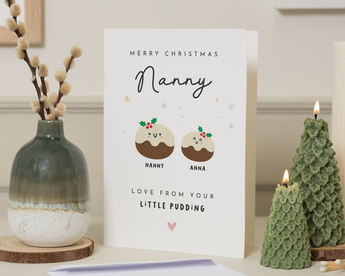 Christmas Card for Nanny, Personalised Nanny Christmas Card, Christmas Card from Grandchild, Cute Xmas Card from Little Pudding