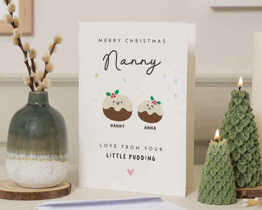 Christmas Card for Nanny, Personalised Nanny Christmas Card, Christmas Card from Grandchild, Cute Xmas Card from Little Pudding